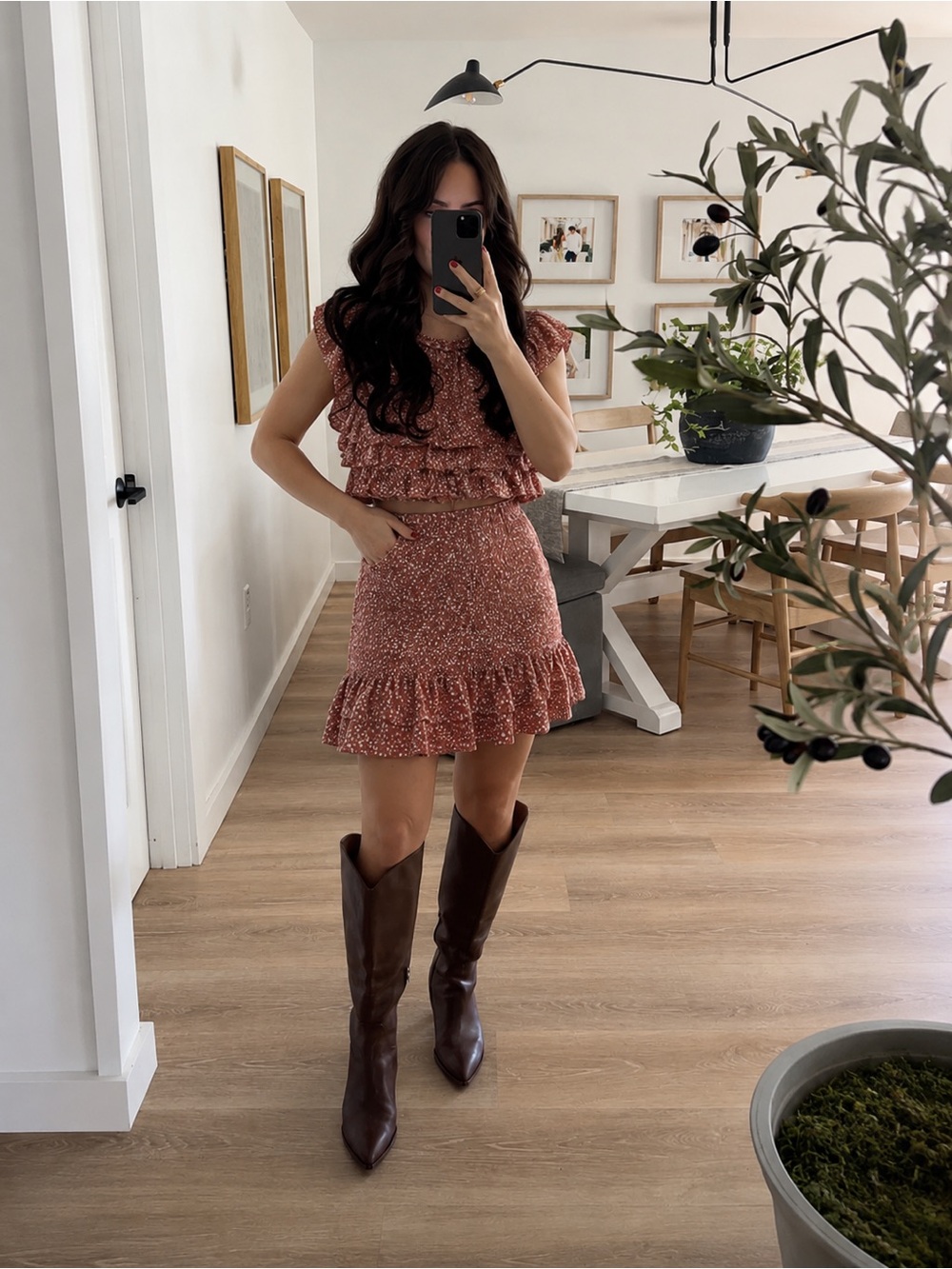 Smocked Two-Piece Ruffle Dress Set - Rust Speckle